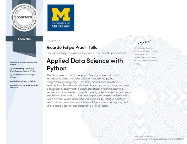 Applied Data Science with Pyton 5 Course University of Michigan Specialization certificate