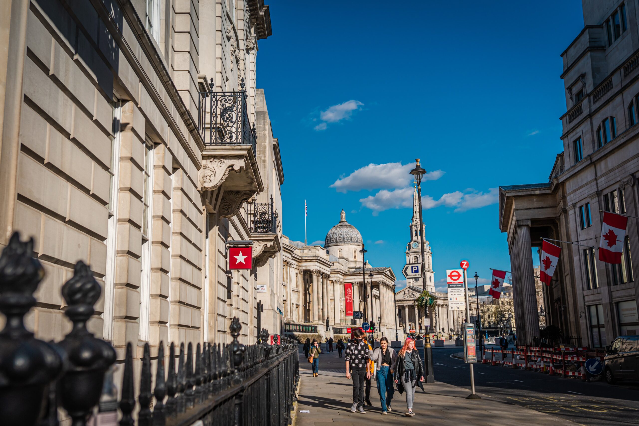 Piccadilly Circus Station, West End, London, W1J 9HP, United Kingdom, Pret, Pret A Manger, Canada, Canadian Flag, Trafalgar , blue sky, The National Gallery, A very lively place in London. Everything centers the area. Christmas angels are particularly festive!