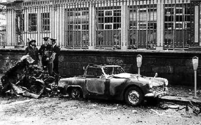 Above, aftermath of the car bomb explosion on Leinster Street, Dublin, May 17, 1974, one of four exploded that day.