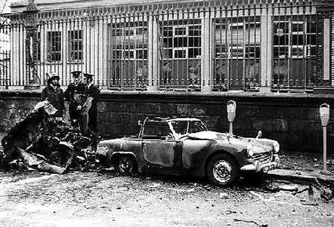 Above, aftermath of the car bomb explosion on Leinster Street, Dublin, May 17, 1974, one of four exploded that day.