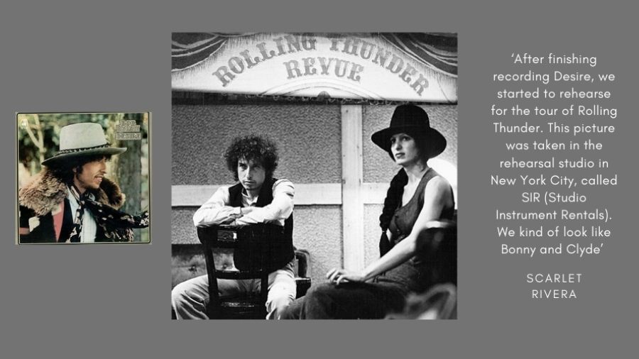 Desire, the album cover (left), Scarlet Rivera with Bob Dylan.<br />
Picture courtesy: Scarlet Rivera website